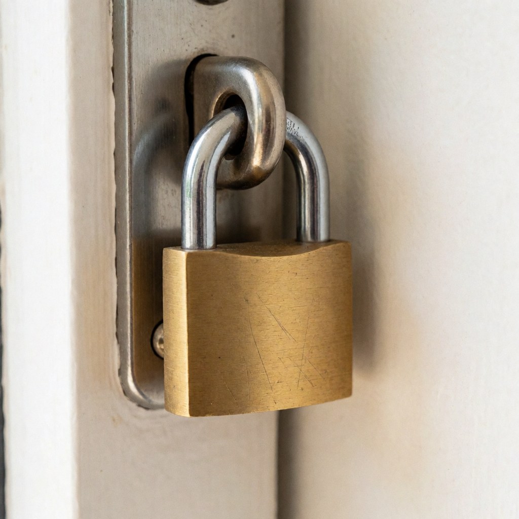 Close-up of a sturdy bronze padlock securing a door frame against a clean white wall, highlighting durability and protection.