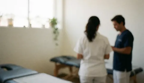 Soft focus background of a physical therapy clinic featuring a white treatment table, natural lighting, and a green plant against a clean white wall.