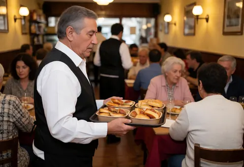 A waiter carrying a tray of Spanish tapas dishes to a customer seated at a wooden table in a warmly lit restaurant interior