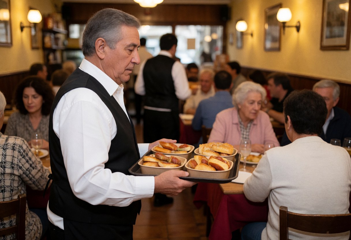A waiter carrying a tray of Spanish tapas dishes to a customer seated at a wooden table in a warmly lit restaurant interior