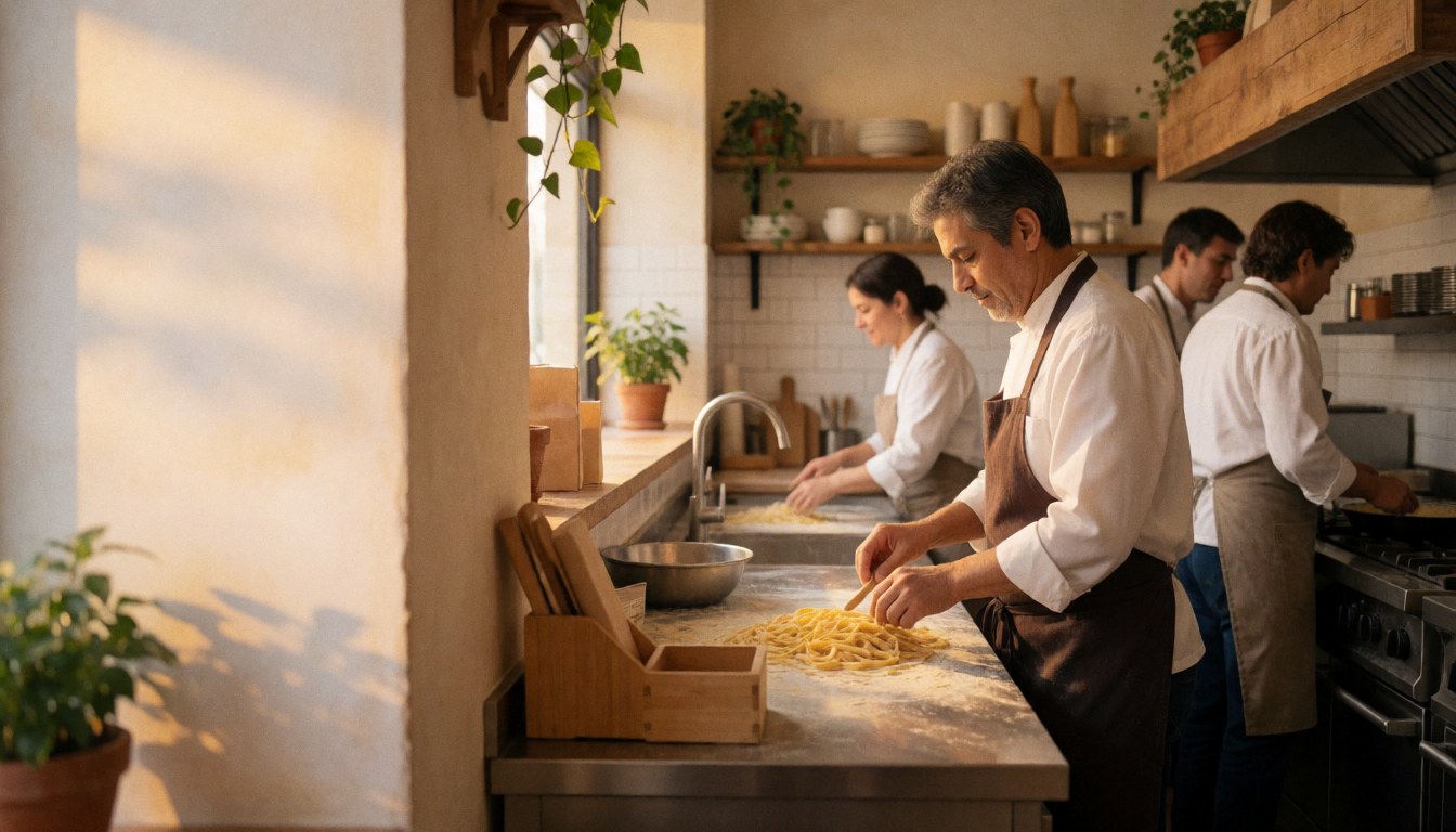 A chef preparing pasta in a warm, rustic restaurant kitchen with other staff working in the background