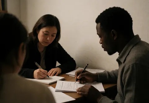 A consultant and client review documents on a wooden table in a library, focused and professional under warm lighting.