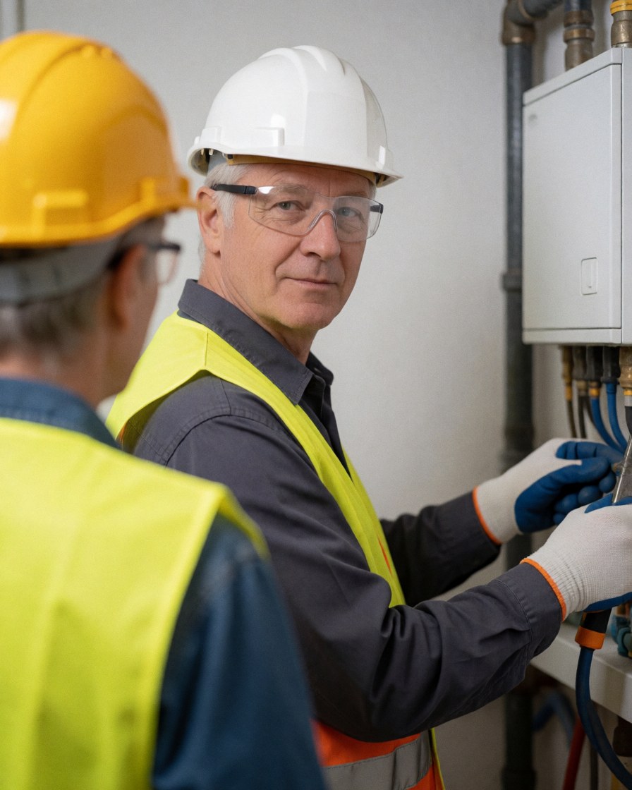Senior electrician wearing a white helmet, safety glasses, and yellow vest working on an electrical panel in a utility room with exposed pipes.