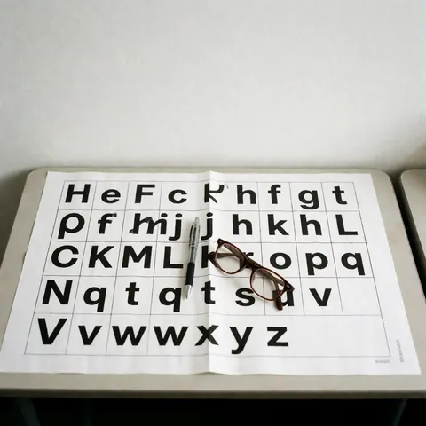A phonetic chart lies on a wooden desk alongside a pair of eyeglasses and a pen, representing language learning materials for an academy.
