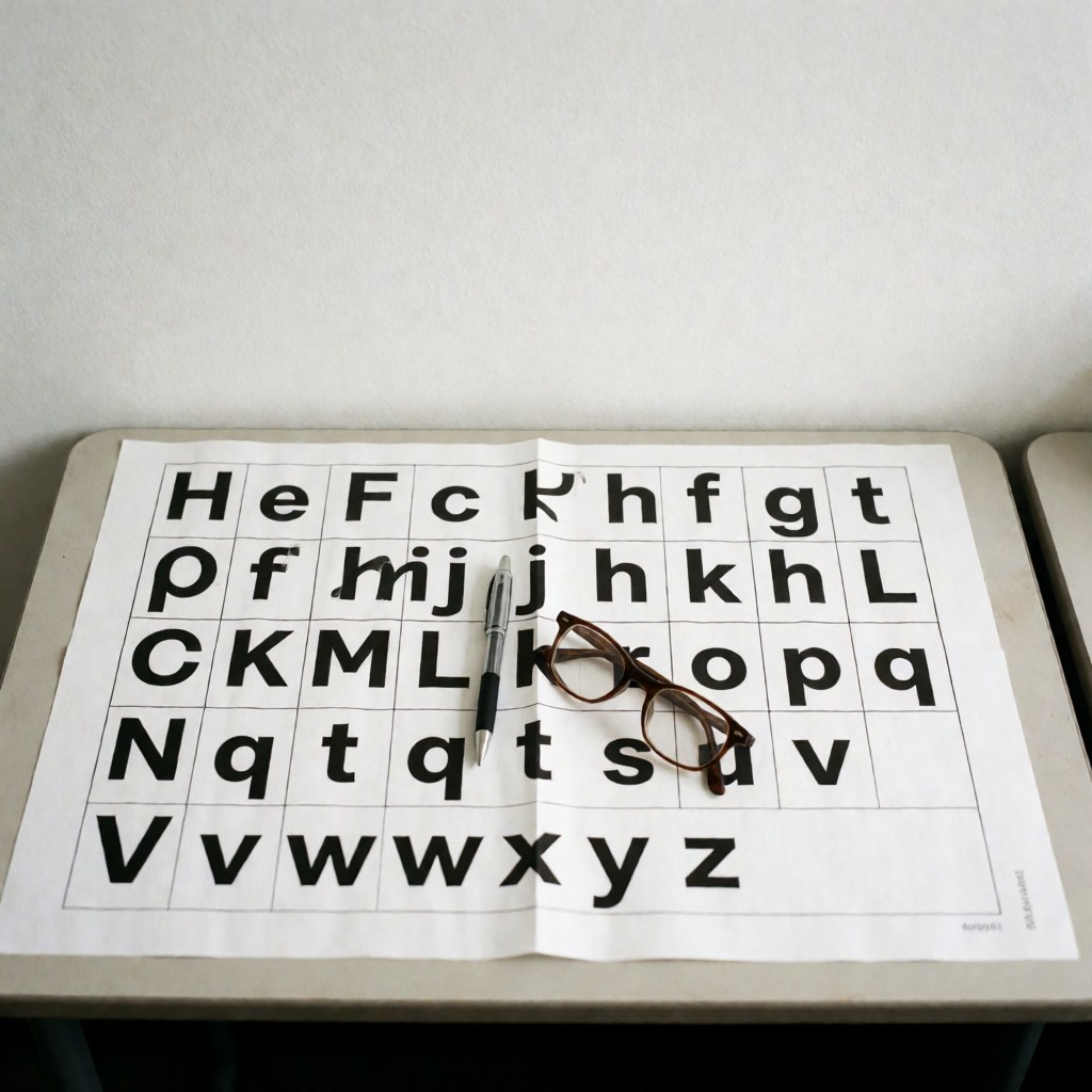 A phonetic chart lies on a wooden desk alongside a pair of eyeglasses and a pen, representing language learning materials for an academy.