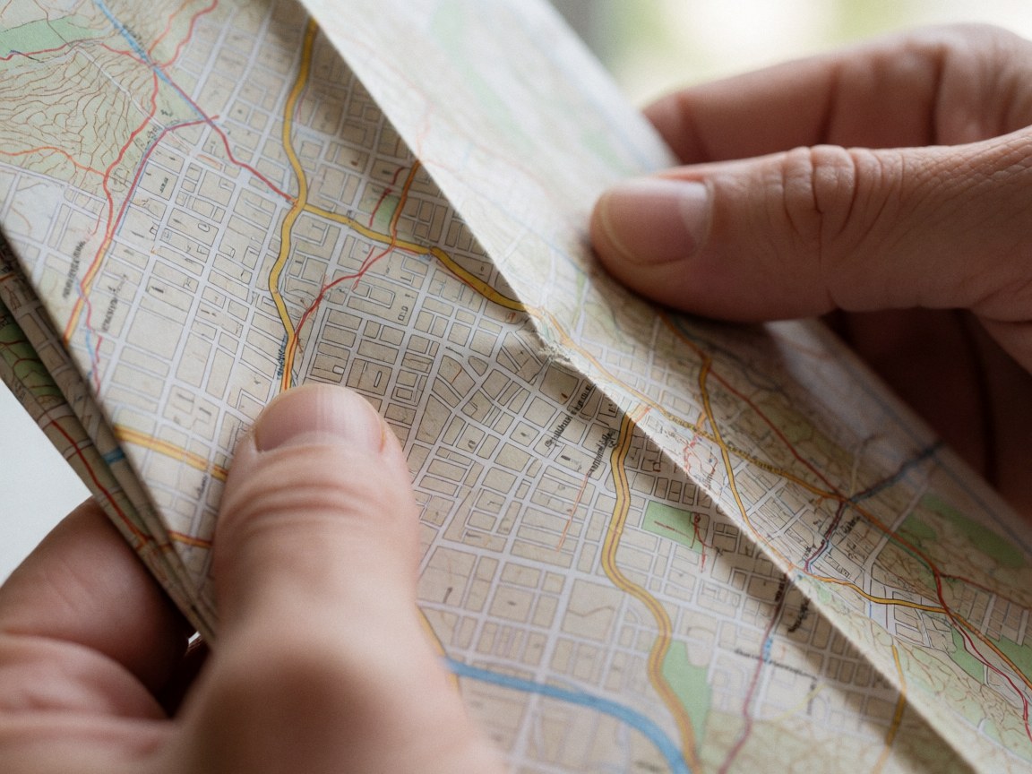 Close-up of hands holding a folded paper map with visible street details and topography, illuminated by natural light to highlight texture and fold precision