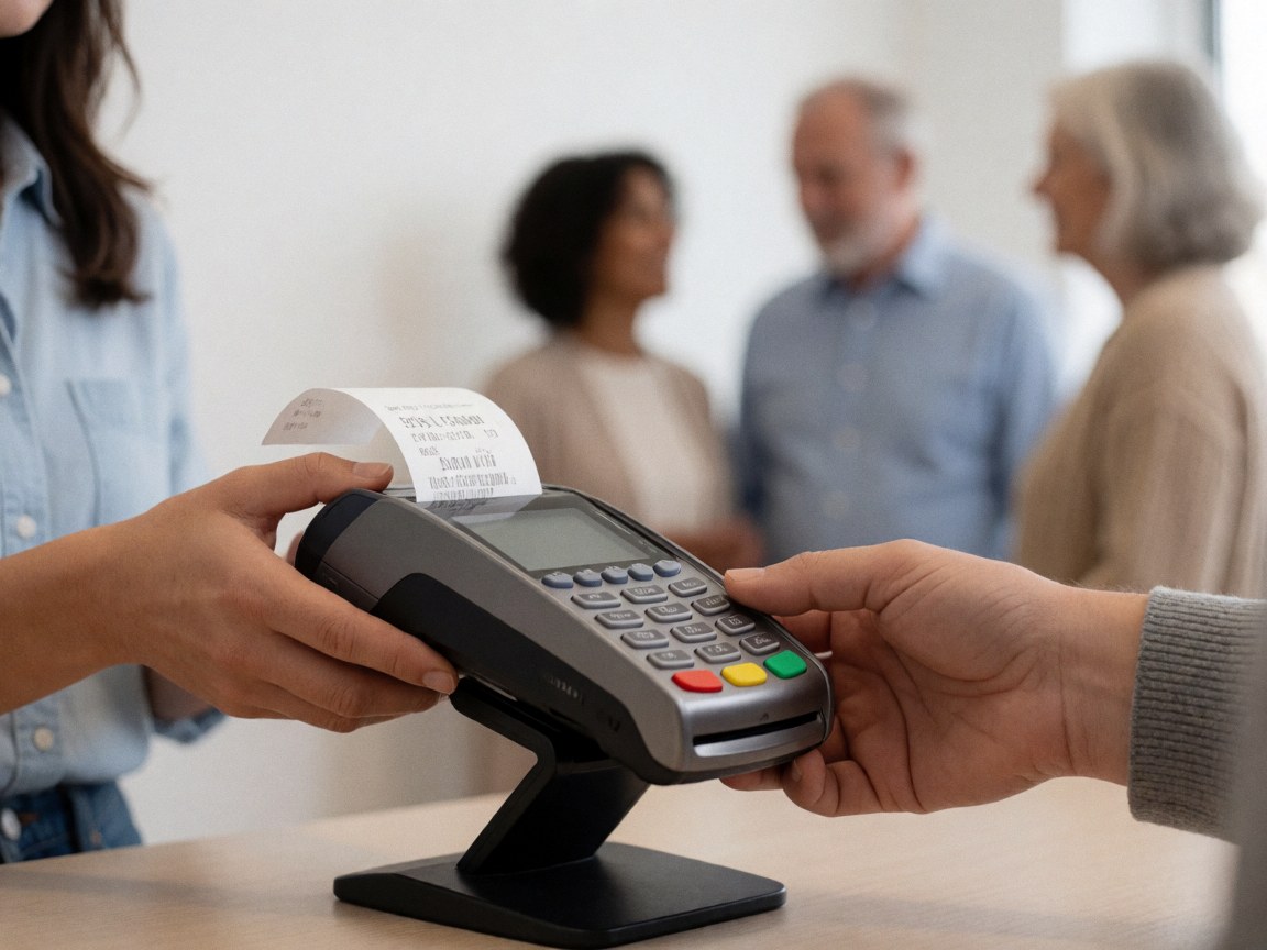 Close-up view of hands processing a secure credit card payment on a terminal, with a receipt visible, suitable for travel agency services