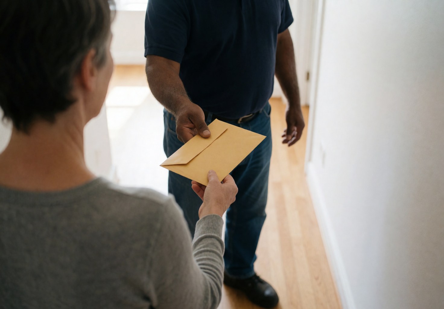 A plumber hands an envelope to a client in a hallway with hardwood floors and white walls, marking the end of a plumbing service.