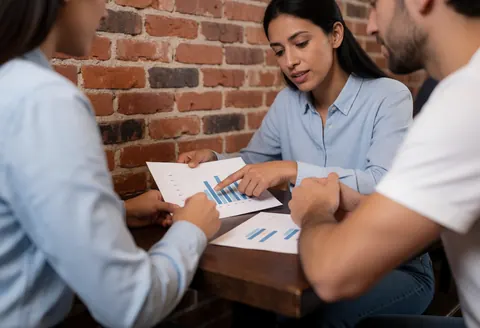 A consultant explains a chart to a client seated at a coffee table with a brick wall, both focused on the document.