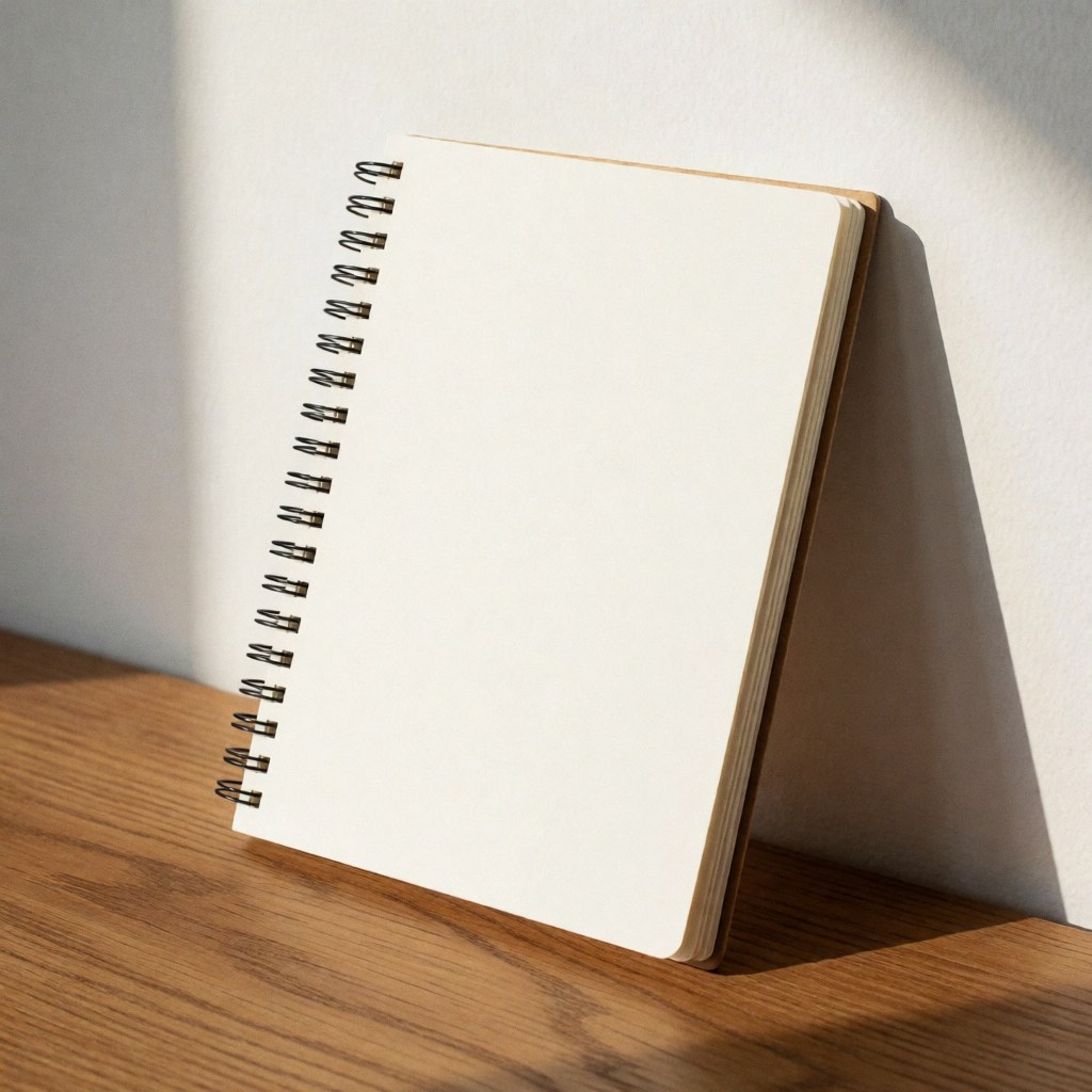White spiral notebook on a wooden table with warm lighting and a white wall, ideal for language school study and learning materials.