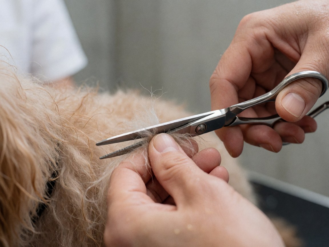Groomer's hands using stainless steel scissors to trim a dog's wet fur against a concrete wall background