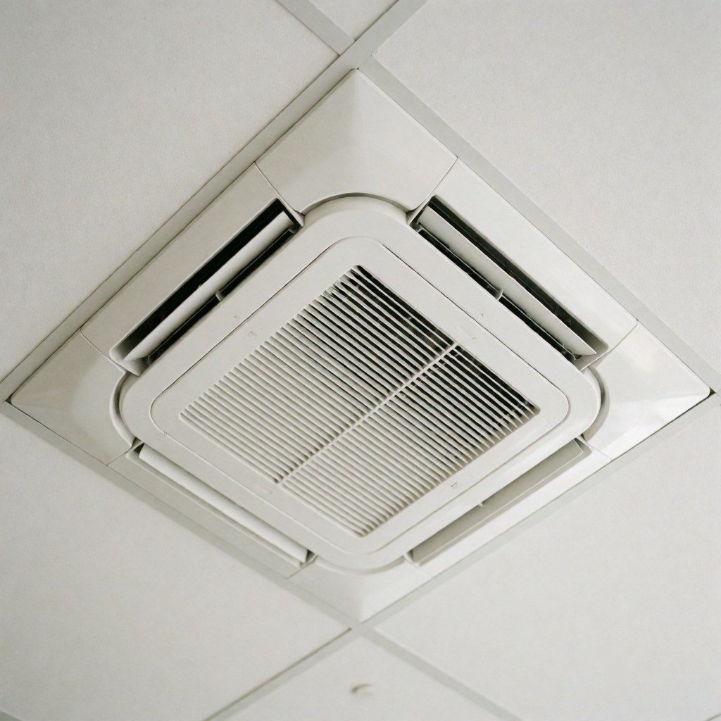 Close-up view of a white cassette ceiling air conditioning unit installed in a commercial interior space, showcasing its clean and modern design.