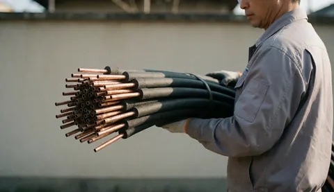 HVAC technician holding insulated copper pipes against a white wall with sunset lighting for business website use