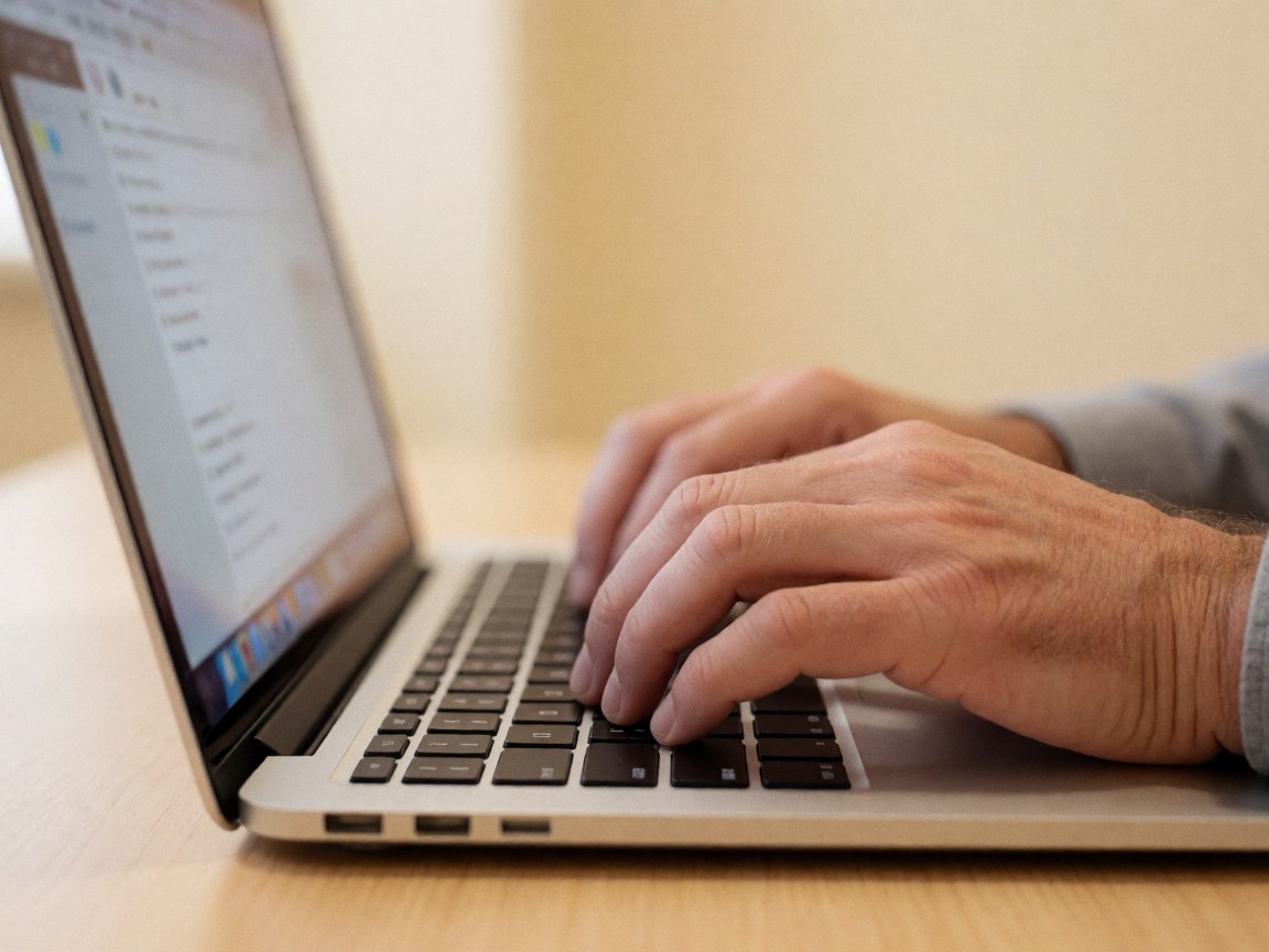 Close-up of an adult hand typing on a laptop keyboard placed on a wooden desk with a beige wall and warm lighting in the background.