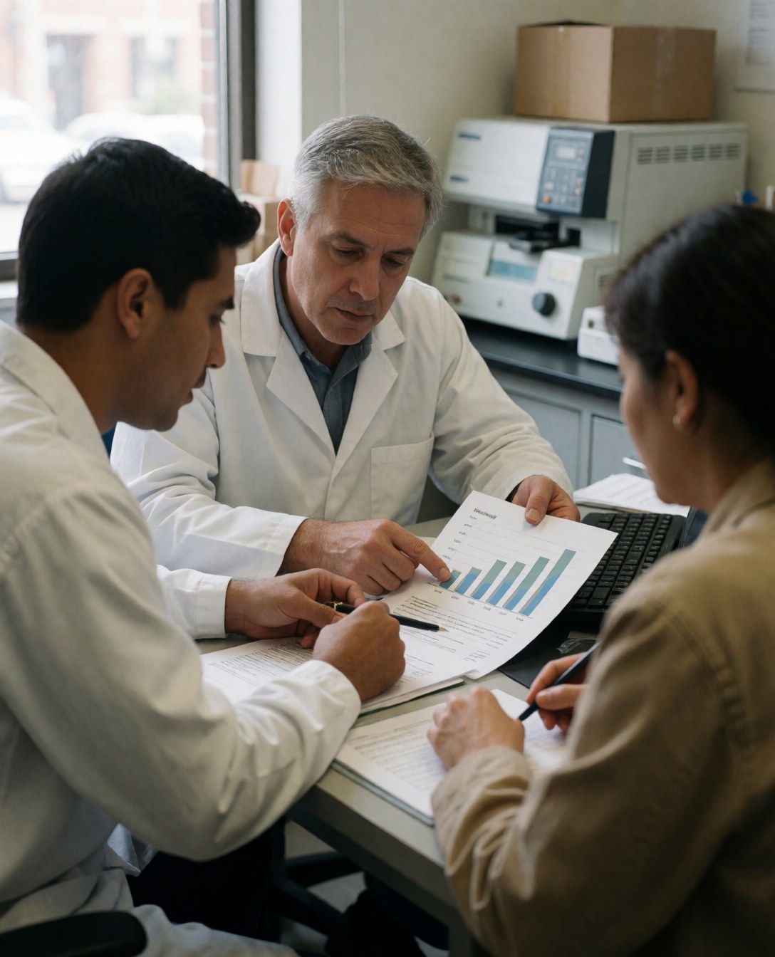 Three medical lab technicians sit at a table reviewing graphs and documents with laboratory equipment in the background.