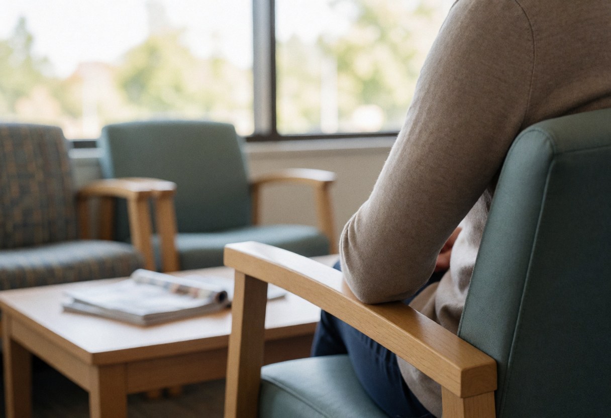 A person sits on a chair in a waiting area, looking toward a window with natural light. A table with magazines is in the foreground, creating a calm atmosphere for insurance clients.