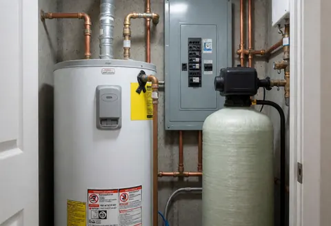 White boiler and water softener tank in a utility room with copper pipes, electrical panel, and concrete walls under functional lighting.