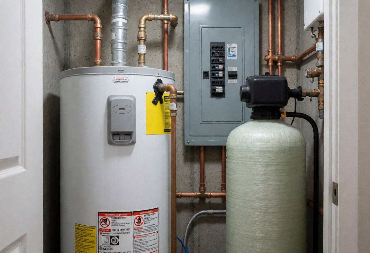 White boiler and water softener tank in a utility room with copper pipes, electrical panel, and concrete walls under functional lighting.