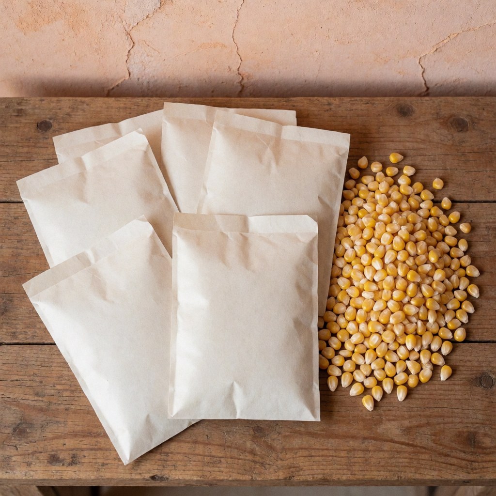 Heirloom corn seeds packaged in brown paper bags arranged on a wooden table with a terracotta wall background