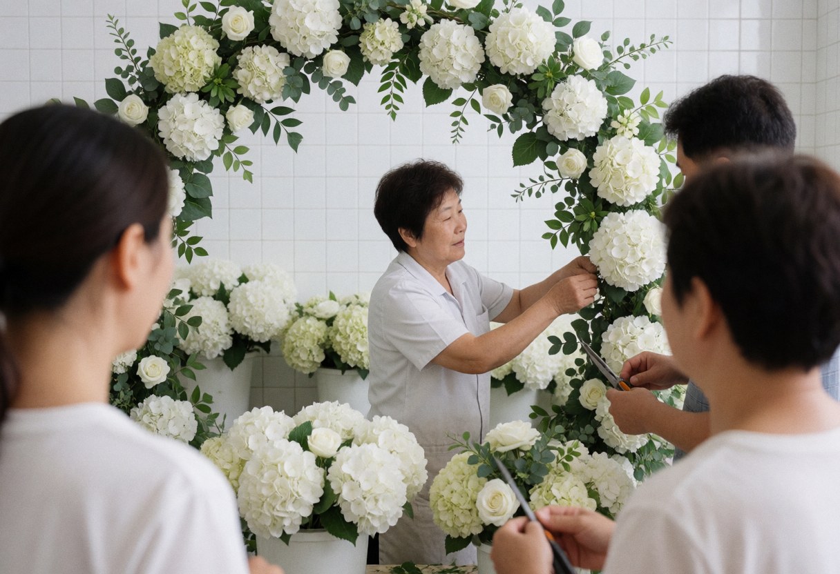 A decorated archway featuring white and green floral arrangements, including hydrangeas, set up for a wedding or event celebration