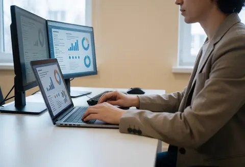 Young professional in a blazer working on a computer with data graphics on a white desk with natural light for online courses