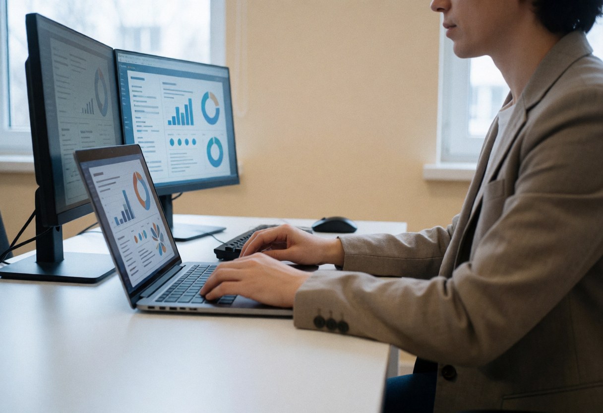Young professional in a blazer working on a computer with data graphics on a white desk with natural light for online courses