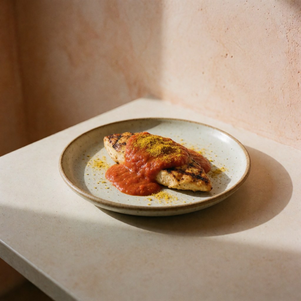 A ceramic terracotta plate featuring a healthy anti-inflammatory meal with chicken, turmeric sauce, and vegetables on a wooden table with warm lighting