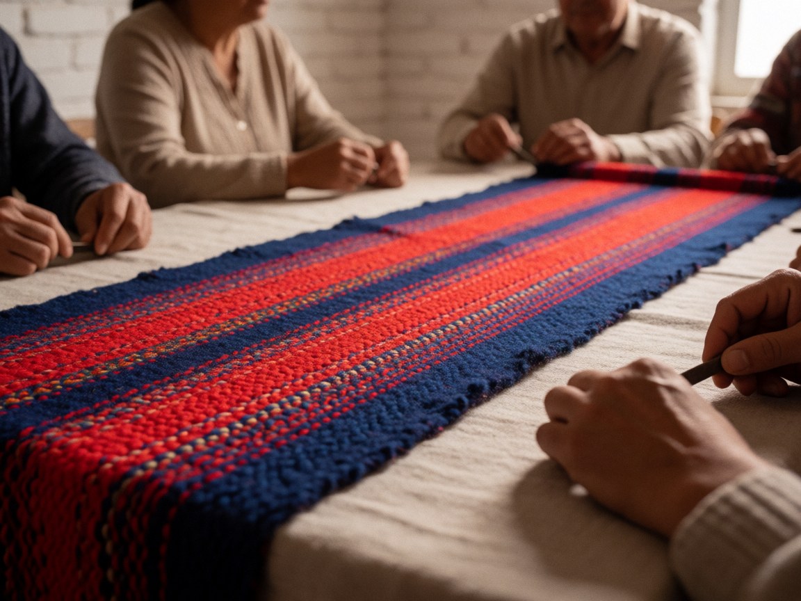 Detailed macro shot of red and blue threads in a handwoven textile pattern, showcasing intricate texture and craftsmanship suitable for wedding or event decor.