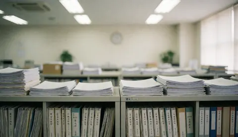 Close-up view of filing cabinets and documents in an insurance office with a blurred background suitable for corporate text and advertising.