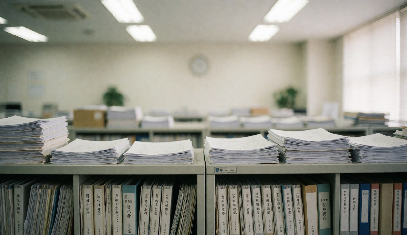 Close-up view of filing cabinets and documents in an insurance office with a blurred background suitable for corporate text and advertising.