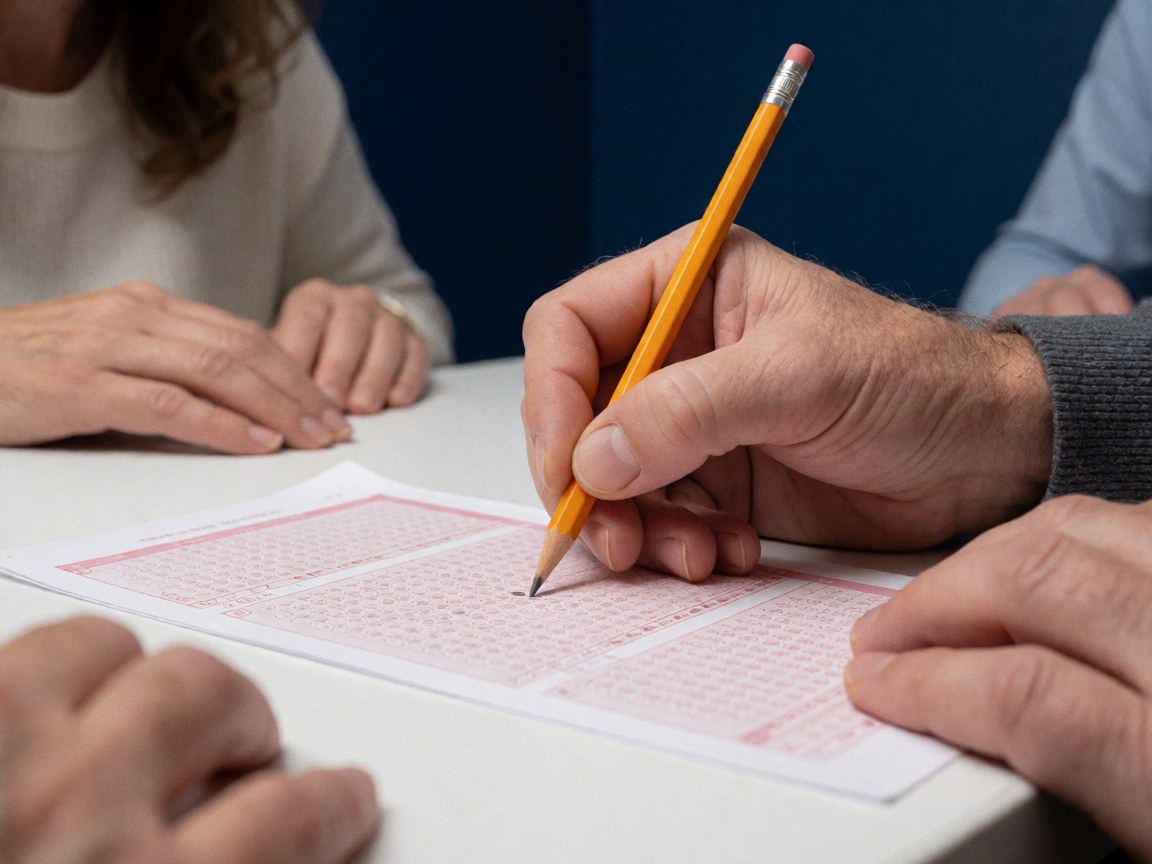 Close-up of a hand using a pencil to fill in bubbles on a standardized test answer sheet for language school evaluation