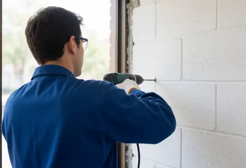 HVAC technician in blue uniform and gloves uses a drill to mount an air conditioning unit on a white block wall during a service call.