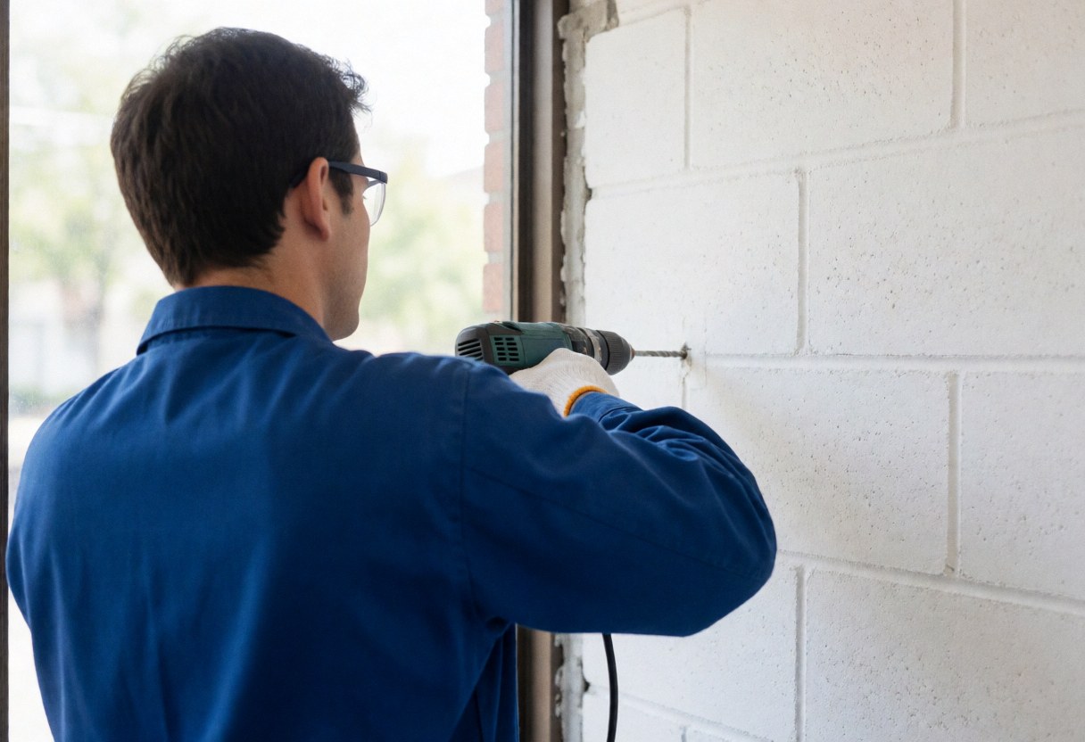 HVAC technician in blue uniform and gloves uses a drill to mount an air conditioning unit on a white block wall during a service call.