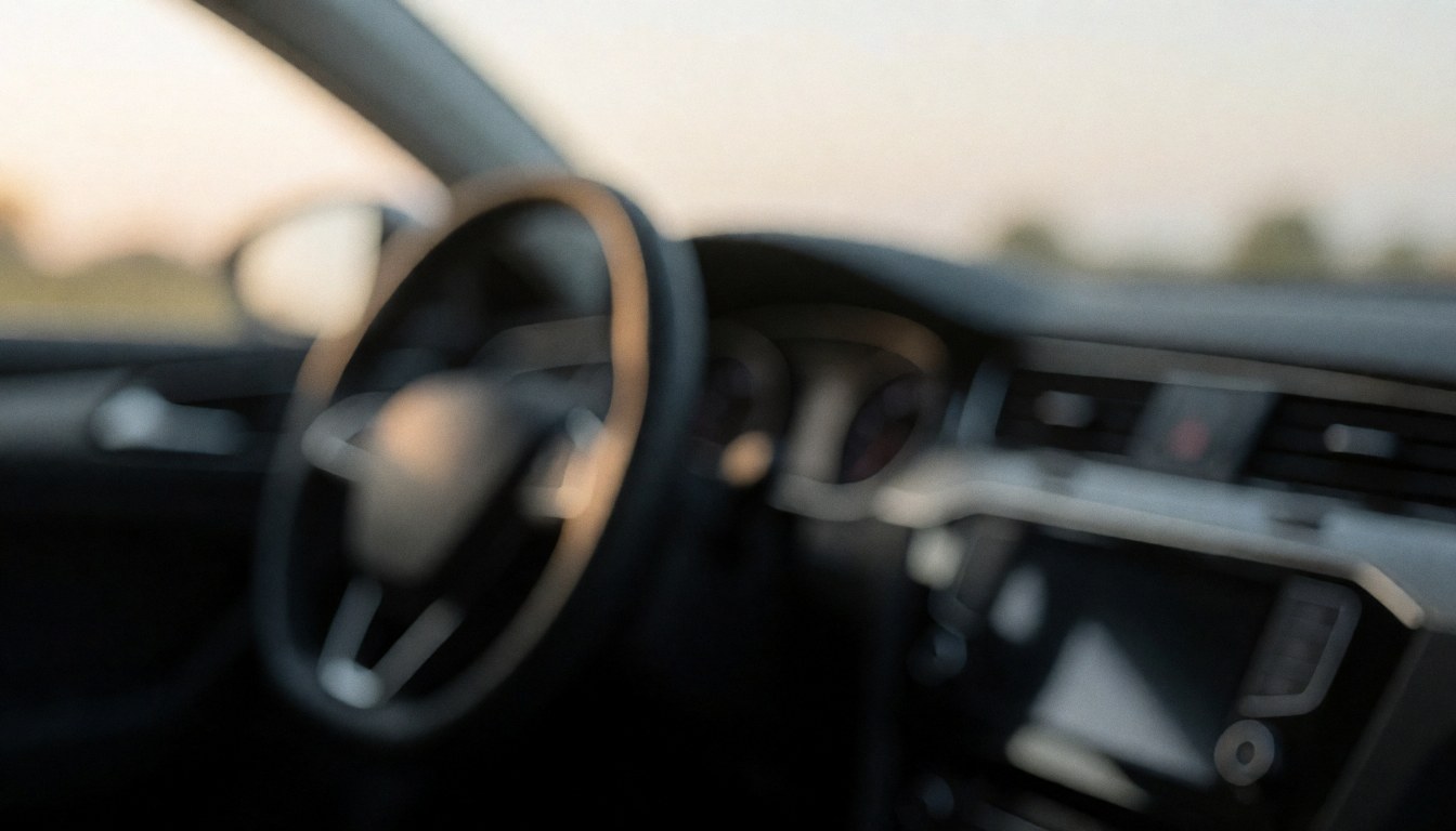 A soft-focus view of a car's interior featuring the steering wheel and dashboard, creating a calm and professional background suitable for text overlays.