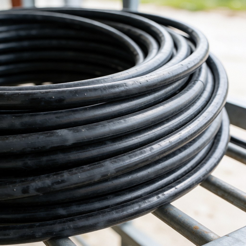 Close-up of a black flexible plastic irrigation hose coiled against a gray wall, highlighting its texture and thickness for agricultural product display