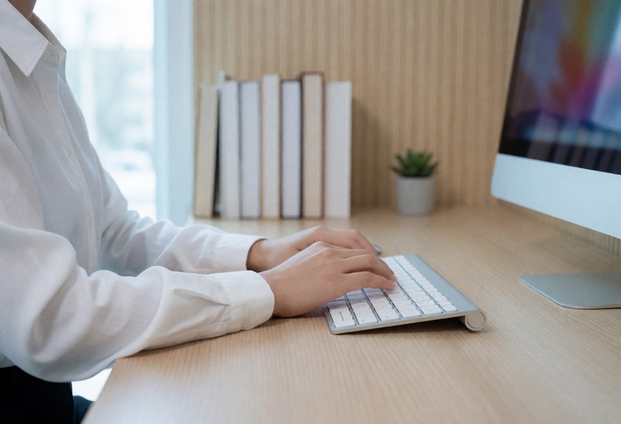 A professional person typing on a keyboard at a wooden desk with books and a plant in a modern office setting.