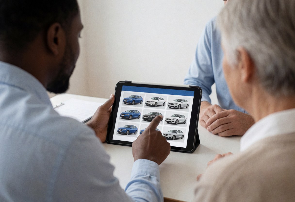A travel agent displays car rental options on a tablet for a client in a bright office with natural light and a clean desk.