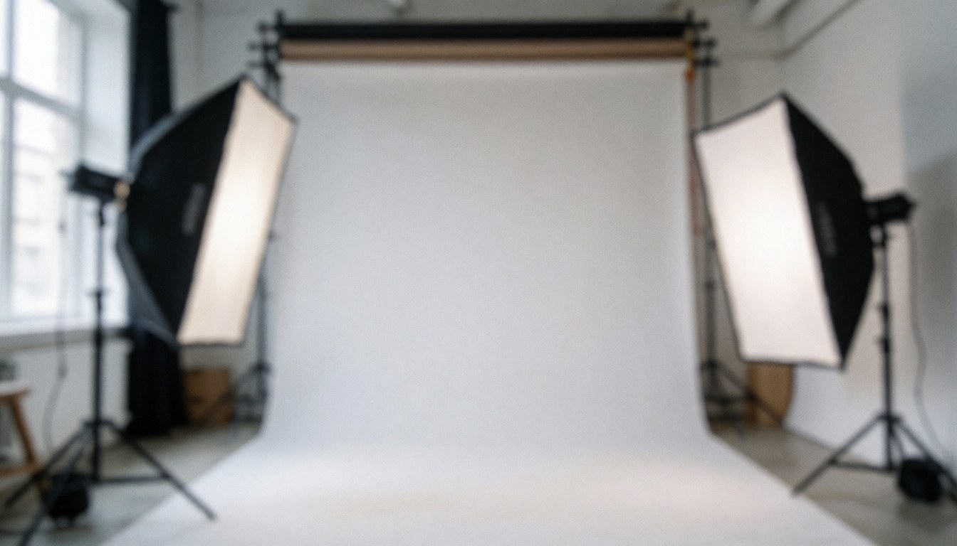 Blurred studio background with lighting equipment and diffusers, providing a clean neutral space for online store text overlays and digital service presentations.