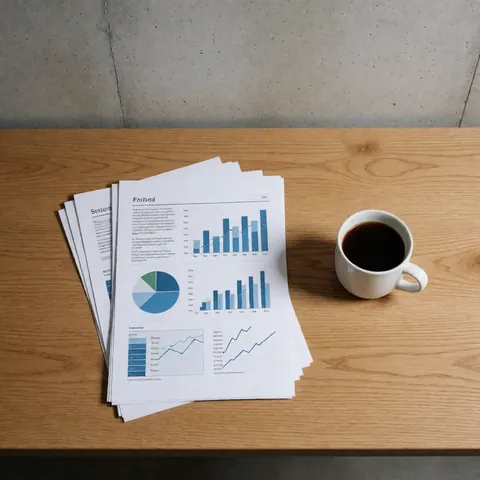 Stack of financial reports with charts and a black coffee cup on a light wooden desk for finance and banking businesses