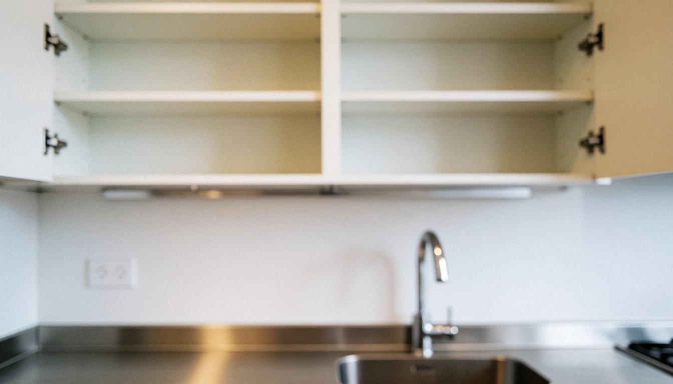 Close-up view of a white kitchen cabinet interior with a stainless steel faucet and plumbing fixtures, serving as a clean background for business content