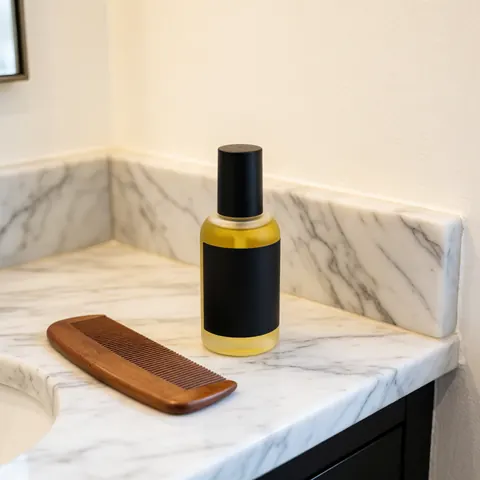A black bottle of beard oil and a wooden comb rest on a white marble counter with gray veins in a clean minimalist setting