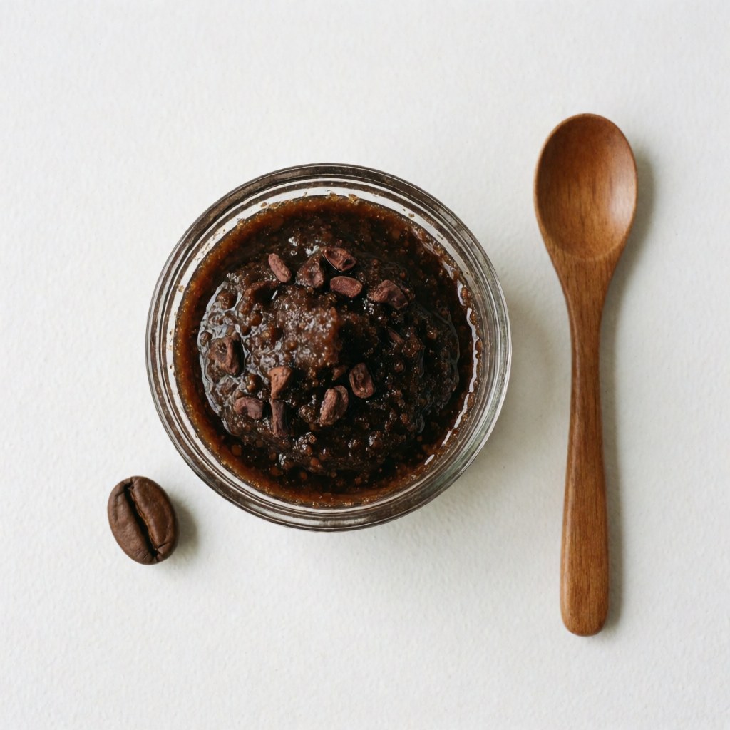 Natural chocolate and coffee body scrub in a glass bowl with a wooden spoon and coffee bean on a white background