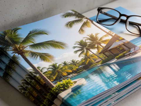 Stack of Punta Cana travel brochures showing beach and pool scenes with sunglasses resting on top, suitable for a travel agency website.