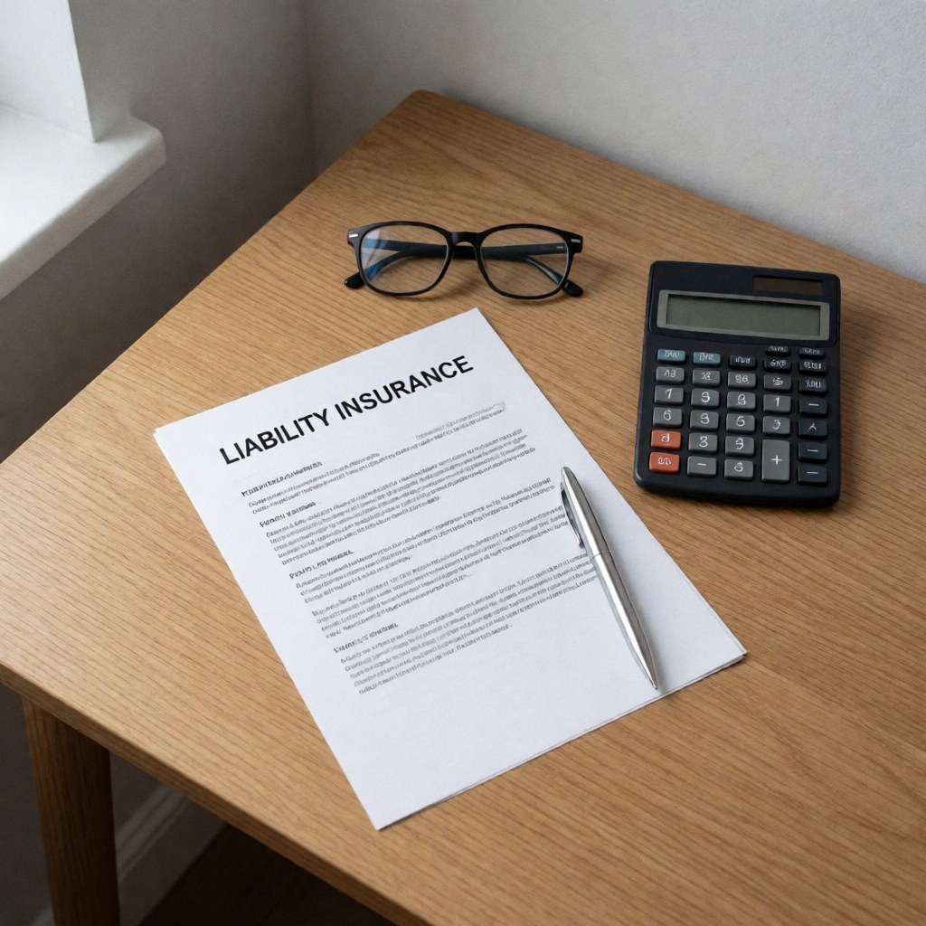 Close-up view of clear insurance policy documents, calculator, and pen arranged on a wooden office desk for business planning