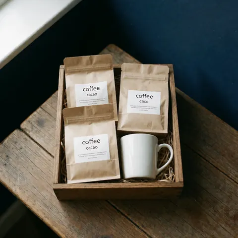Wooden gift box containing three kraft bags of coffee and cacao alongside a white ceramic cup on a rustic wooden table against a navy blue wall with natural lighting