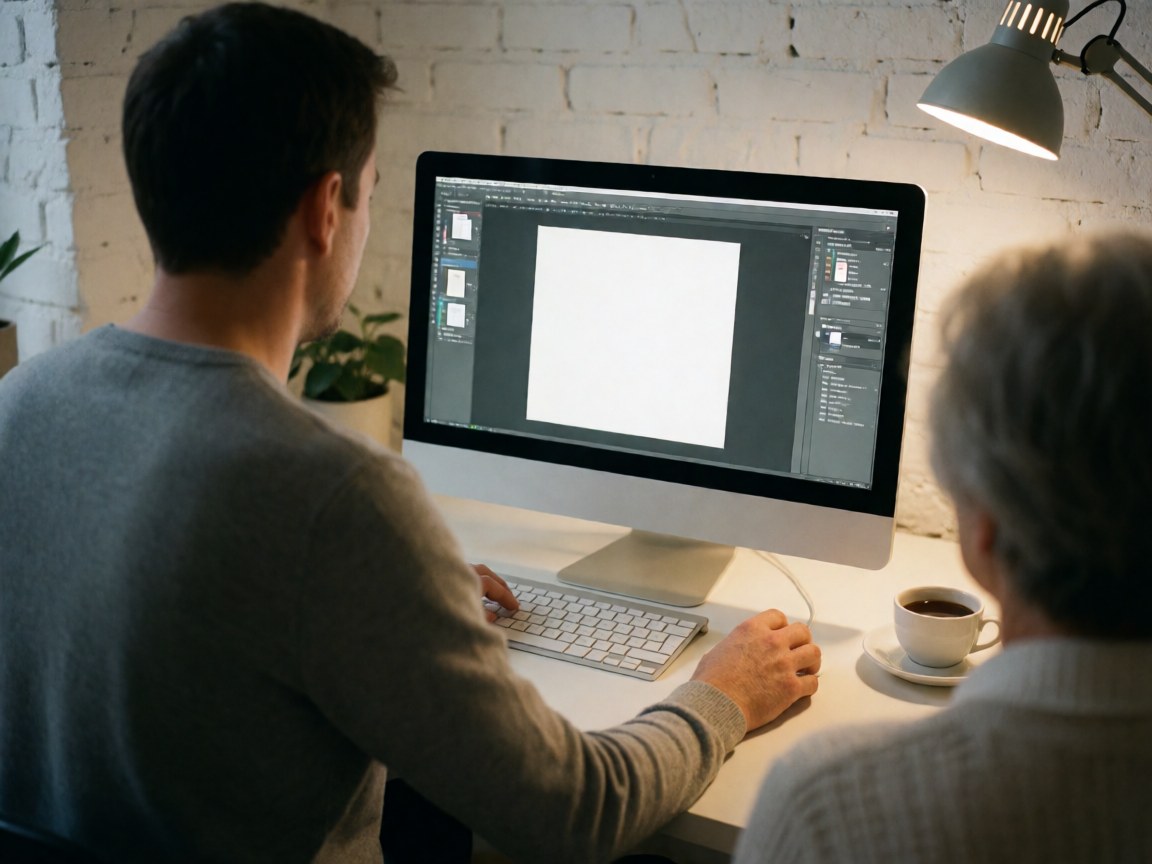 Close-up of a designer working on a computer with a keyboard and mouse, featuring a desk lamp, coffee cup, and white brick wall in a creative office setting.