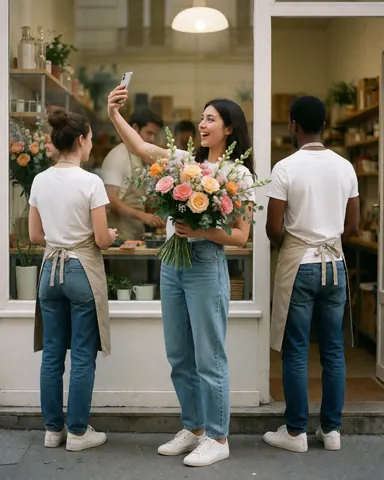 Smiling client holding a fresh flower bouquet while taking a selfie in a modern florist shop with staff in the background