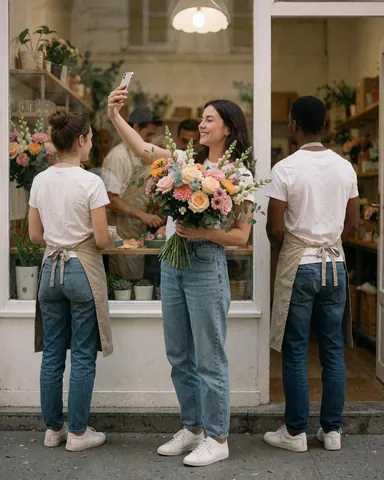 Smiling client holding a fresh flower bouquet while taking a selfie in a modern florist shop with staff in the background