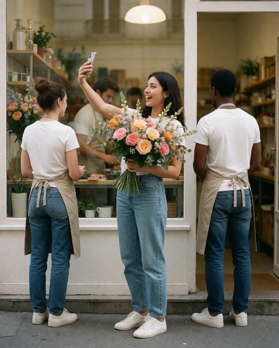 Smiling client holding a fresh flower bouquet while taking a selfie in a modern florist shop with staff in the background