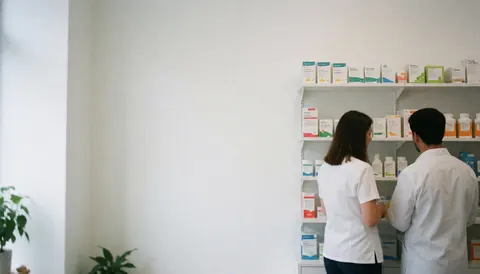 Clean white wall background with pharmacy shelves, medicine boxes, bottles, and plants, providing ample space for text overlay in a professional healthcare setting